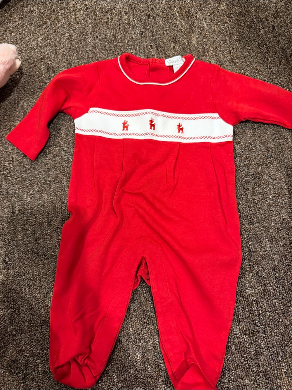 Kissy Kissy Red Footed One-Piece with White Smocked Band reindeer Christmas